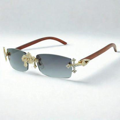 Iced Out Cross Wooden Frames - Silver Lens - Dolla Shades