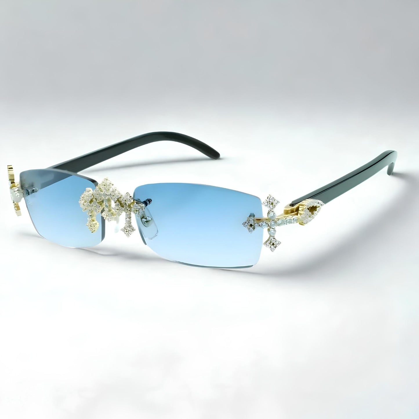 Iced Out Cross Black Buffs - Blue Lens - Dolla Shades