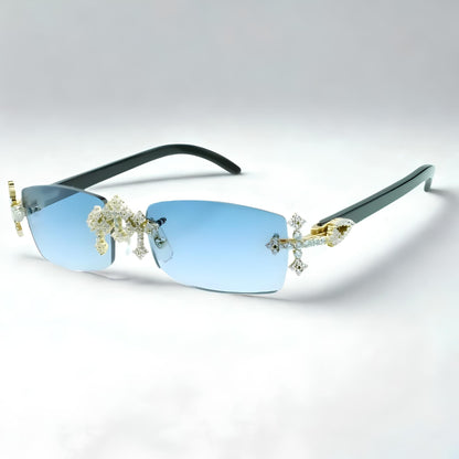 Iced Out Cross Black Buffs - Blue Lens - Dolla Shades