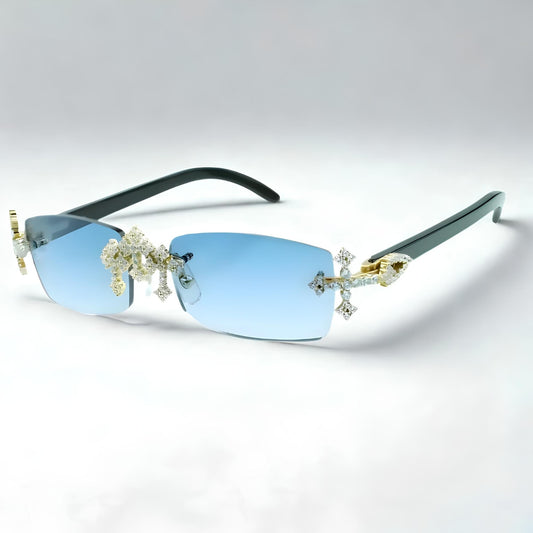 Iced Out Cross Black Buffs - Blue Lens - Dolla Shades