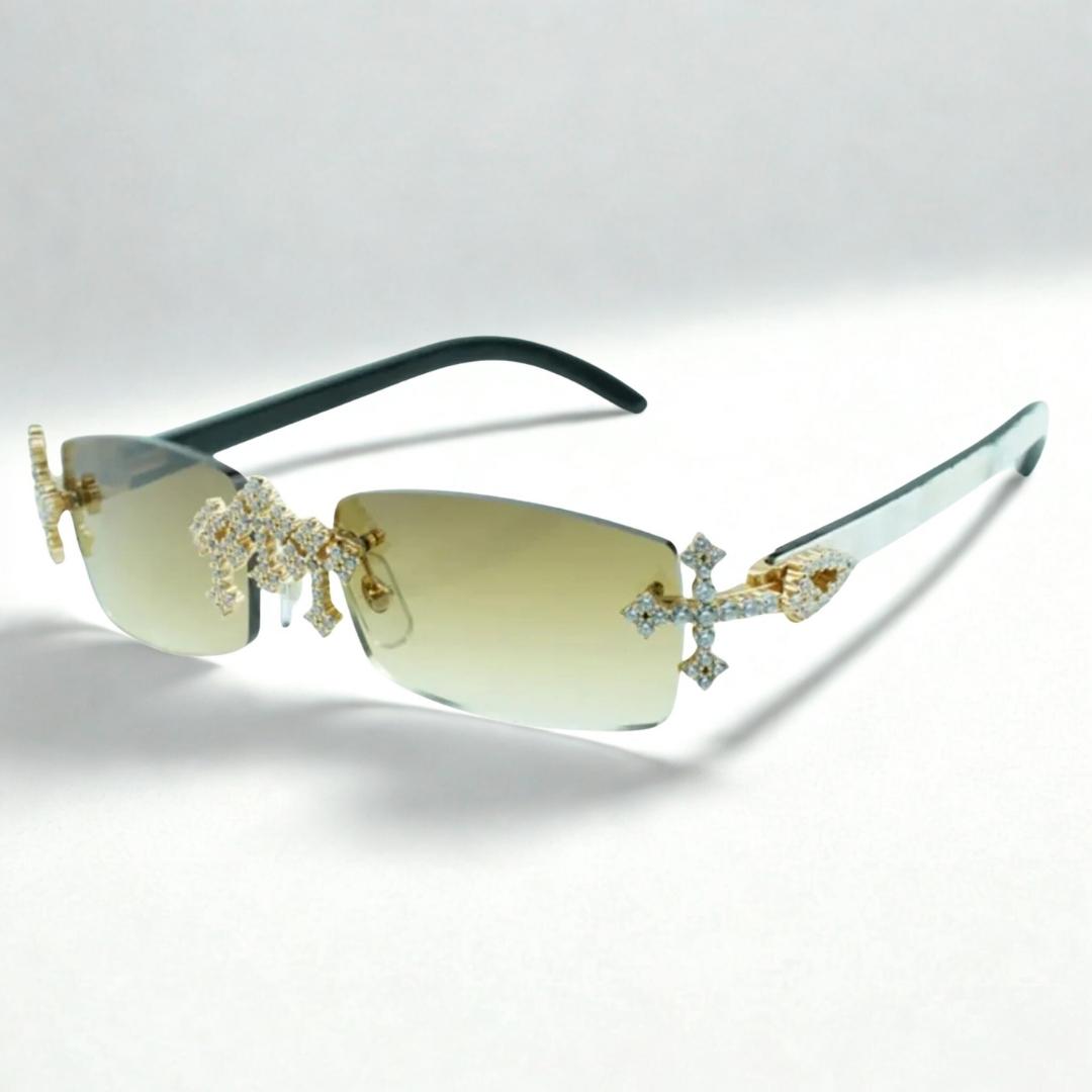 Iced Out Cross White Buffs - Blue Lens - Dolla Shades