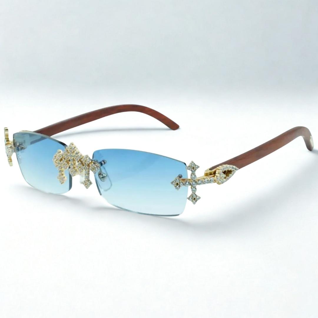 Iced Out Cross Wooden Frames - Silver Lens - Dolla Shades