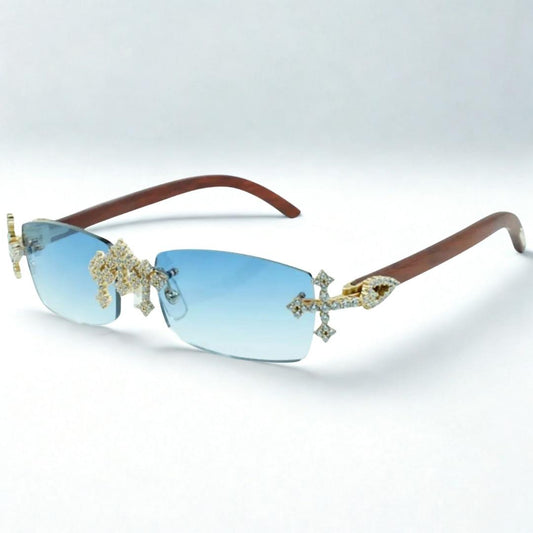 Iced Out Cross Wooden Frames - Blue Lens