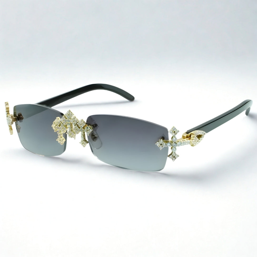 Iced Out Cross Black Buffs - Blue Lens - Dolla Shades