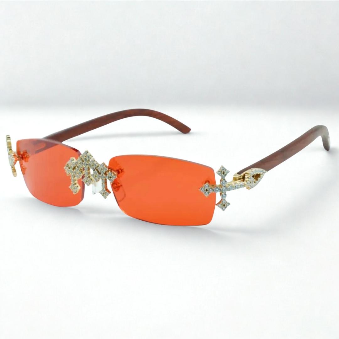 Iced Out Cross Wooden Frames - Silver Lens - Dolla Shades