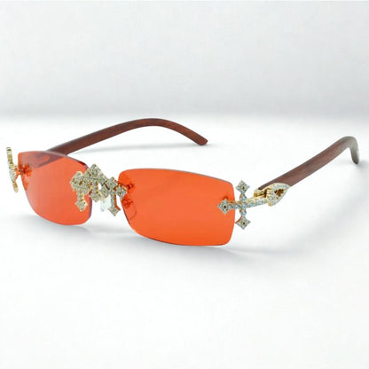 Iced Out Cross Wooden Frames - Silver Lens - Dolla Shades