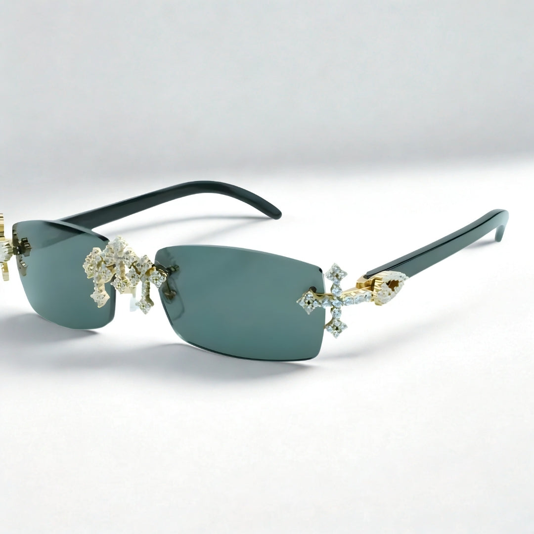 Iced Out Cross Black Buffs - Blue Lens - Dolla Shades