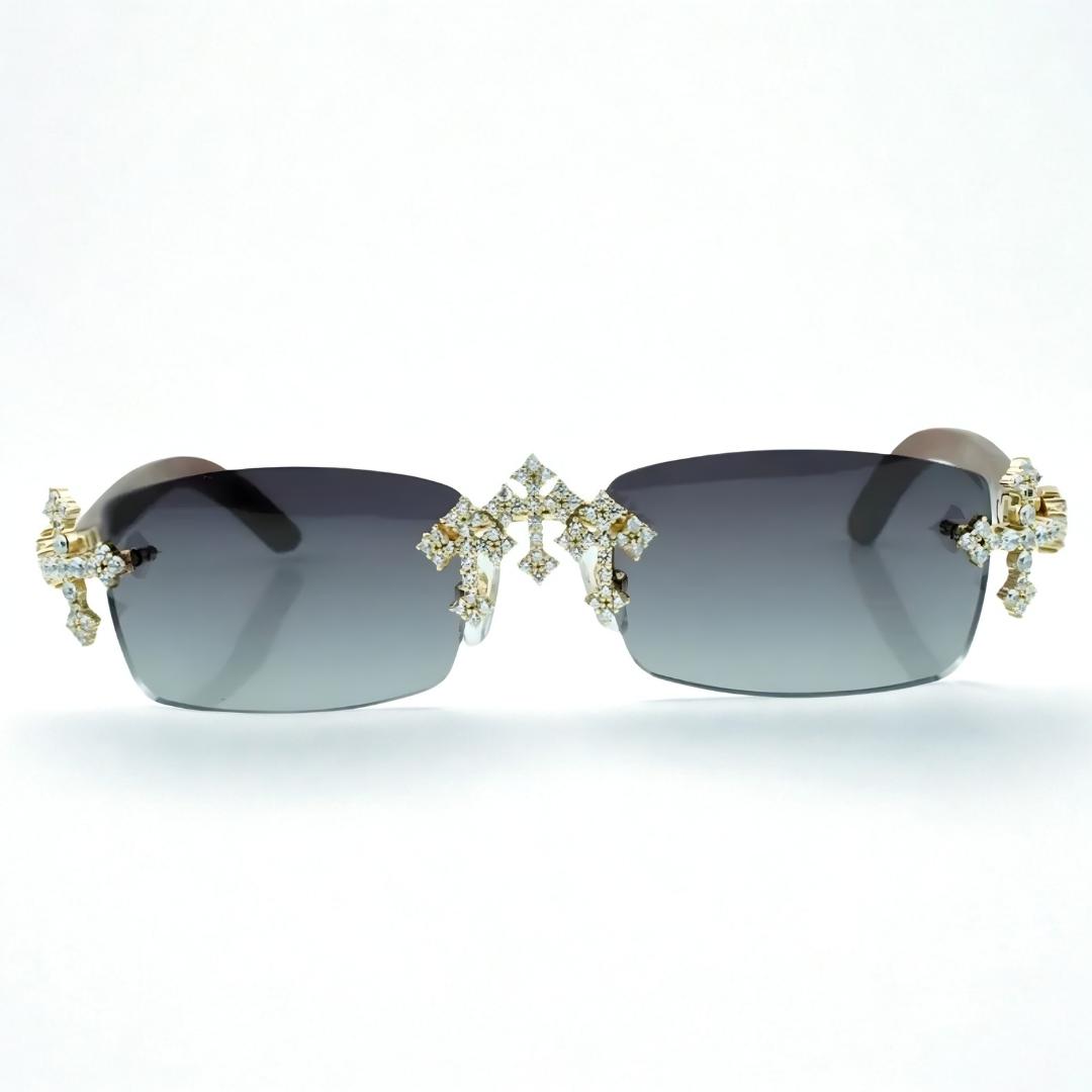 Iced Out Cross Wooden Frames - Silver Lens - Dolla Shades