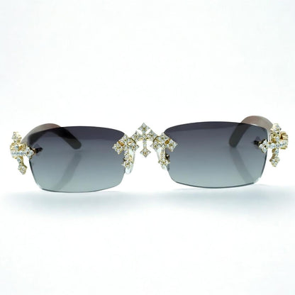 Iced Out Cross Wooden Frames - Silver Lens - Dolla Shades