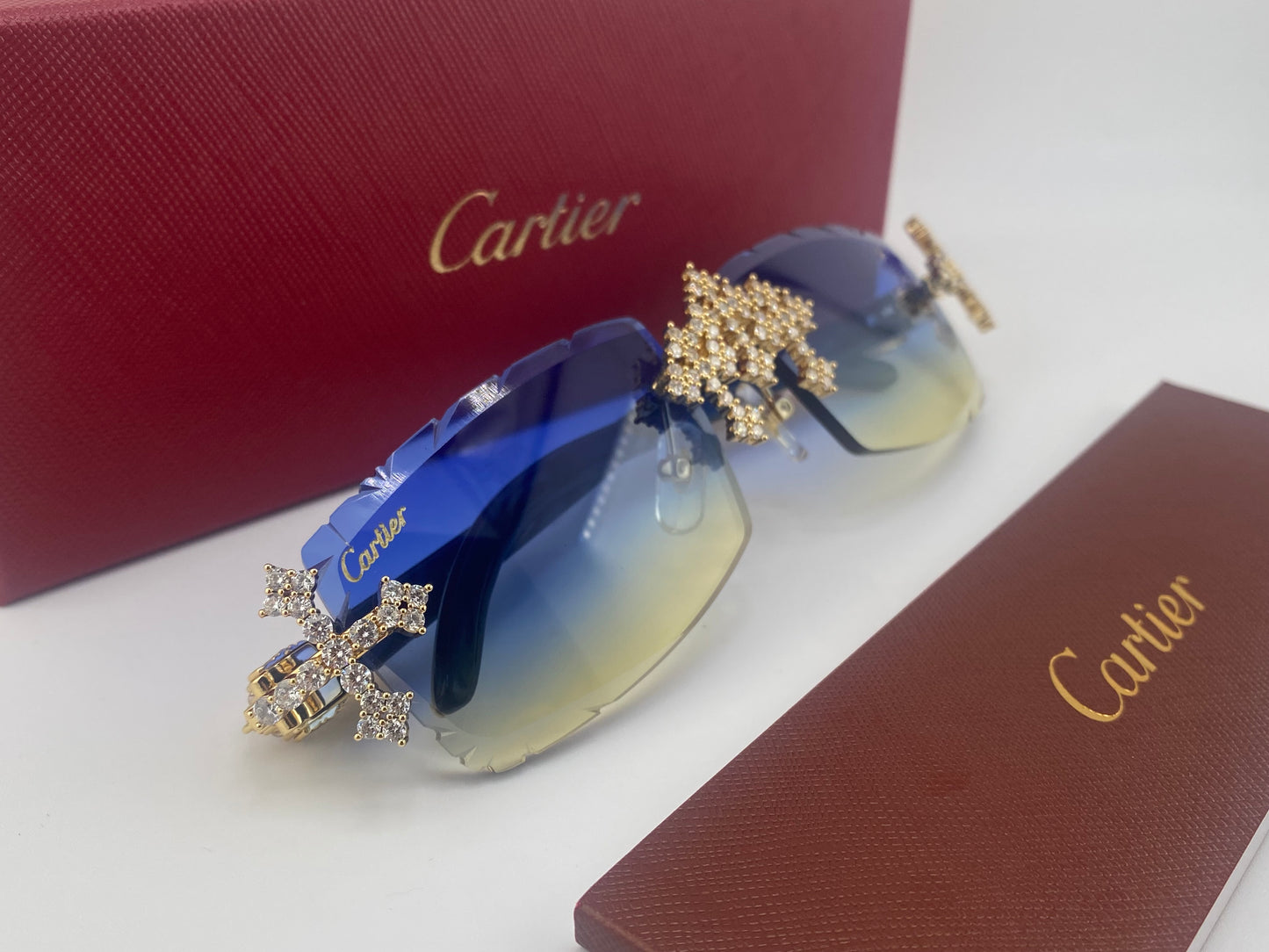 Iced Out Cross White Buffs - Diamond Cut  Blue Lens