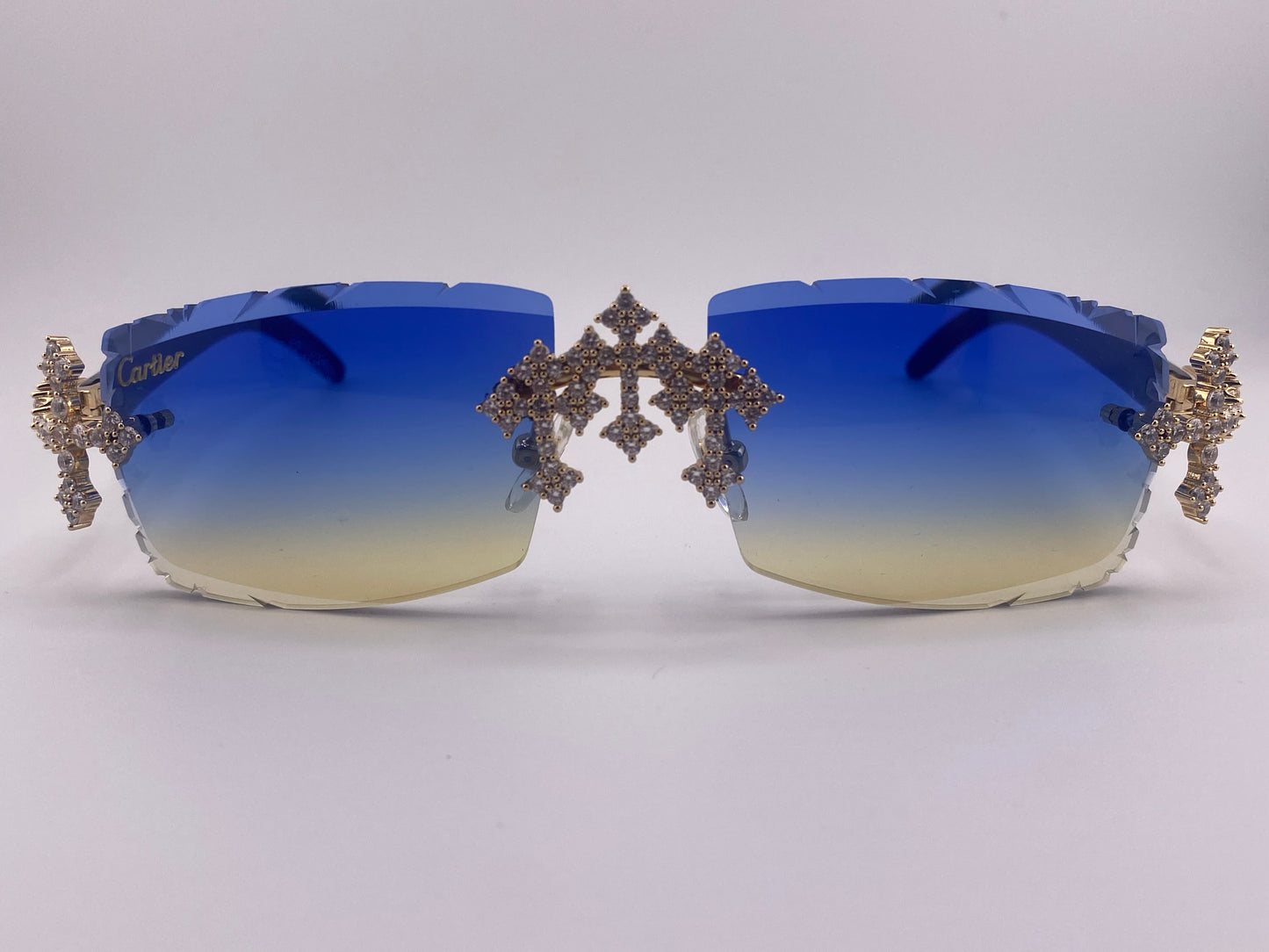 Iced Out Cross White Buffs - Diamond Cut  Blue Lens