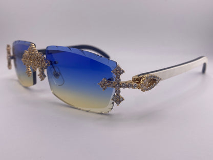 Iced Out Cross White Buffs - Diamond Cut  Blue Lens