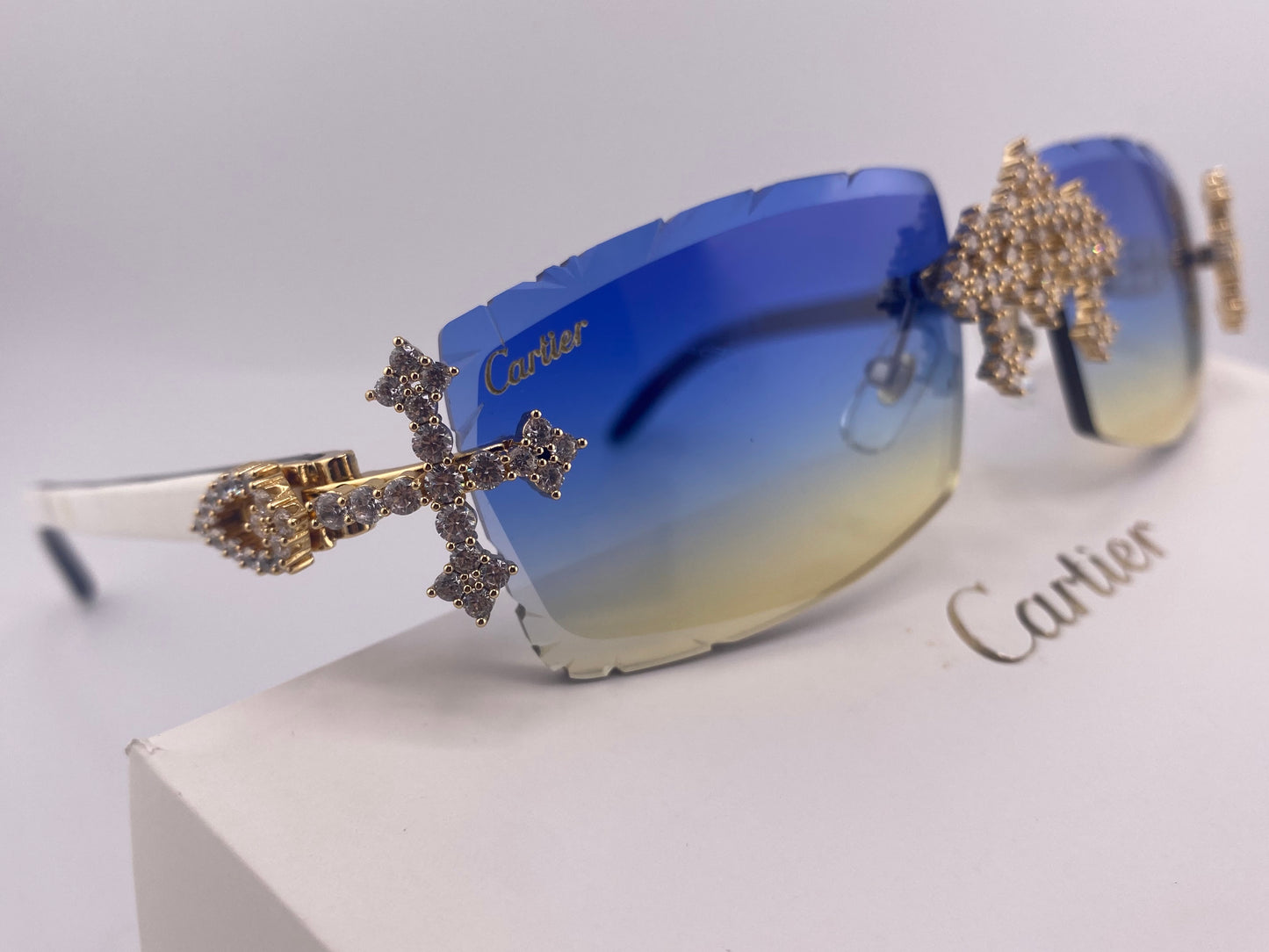 Iced Out Cross White Buffs - Diamond Cut  Blue Lens