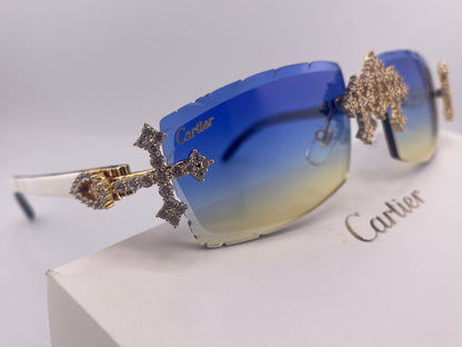 Iced Out Cross White Buffs - Diamond Cut  Blue Lens