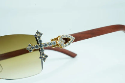 Iced Out Cross Wooden Frames - Brown Lens