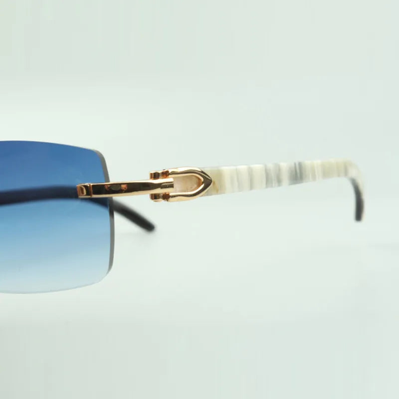 White Buffs Blue Lens Sunglasses | Premium Rimless Eyewear - Dolla Shades