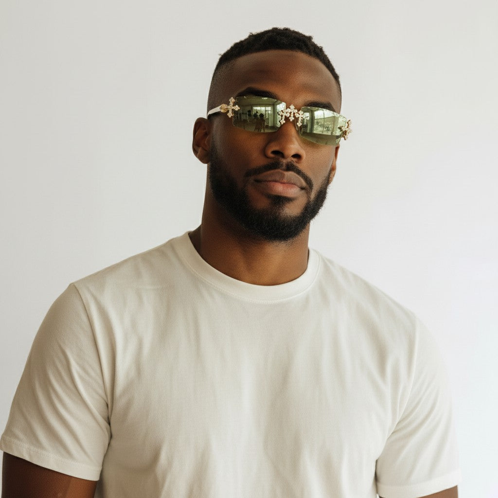 Iced Out Cross White Buffs - Green Diamond Cut Lens - Dolla Shades