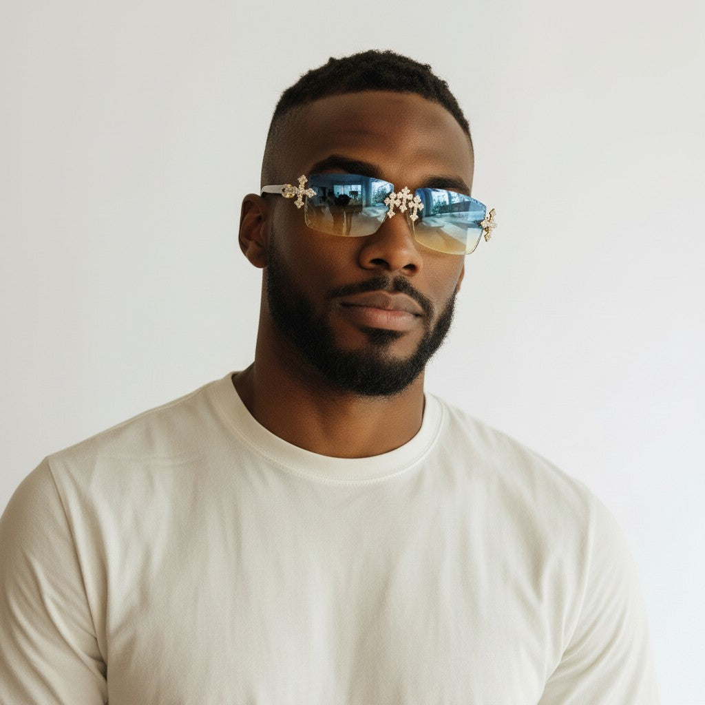 Iced Out Cross White Buffs - Diamond Cut  Blue Lens - Dolla Shades