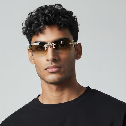 Iced Out Cross Wooden Frames - Brown Lens - Dolla Shades