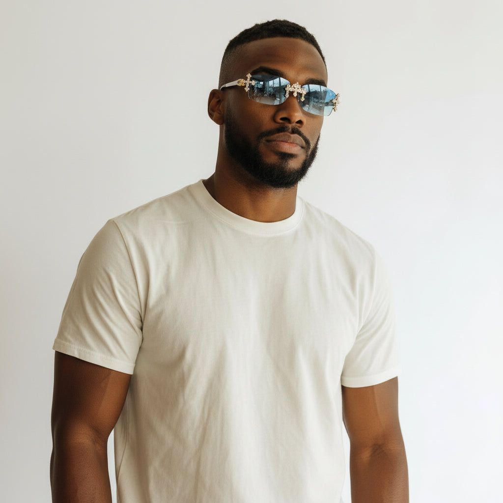 Iced Out Cross White Buffs - Blue Lens - Dolla Shades