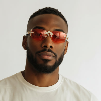 Iced Out Cross White Buffs - Red Lens - Dolla Shades