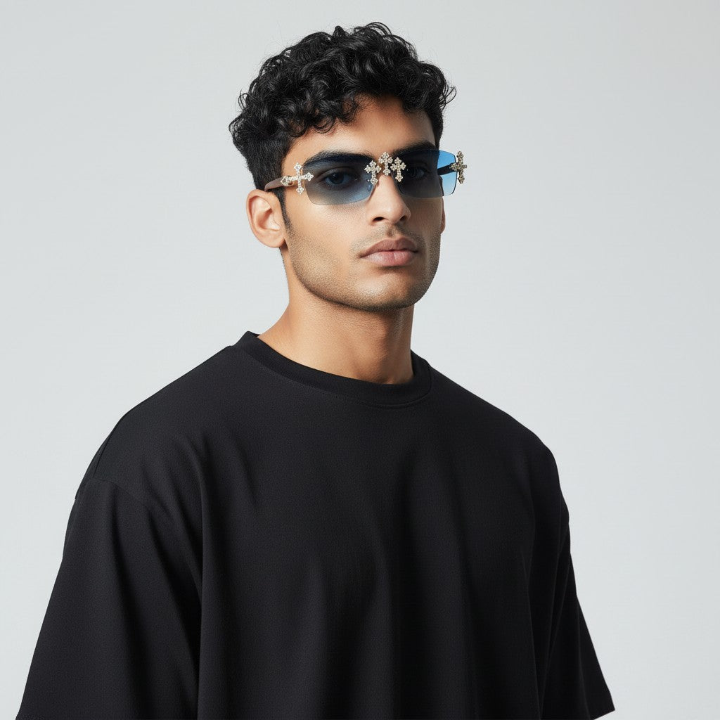 Iced Out Cross Wooden Frames - Blue Lens - Dolla Shades