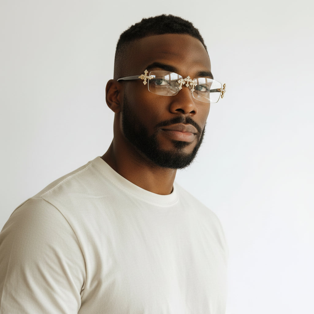 Iced Out Cross White Buffs - Clear Lens - Dolla Shades