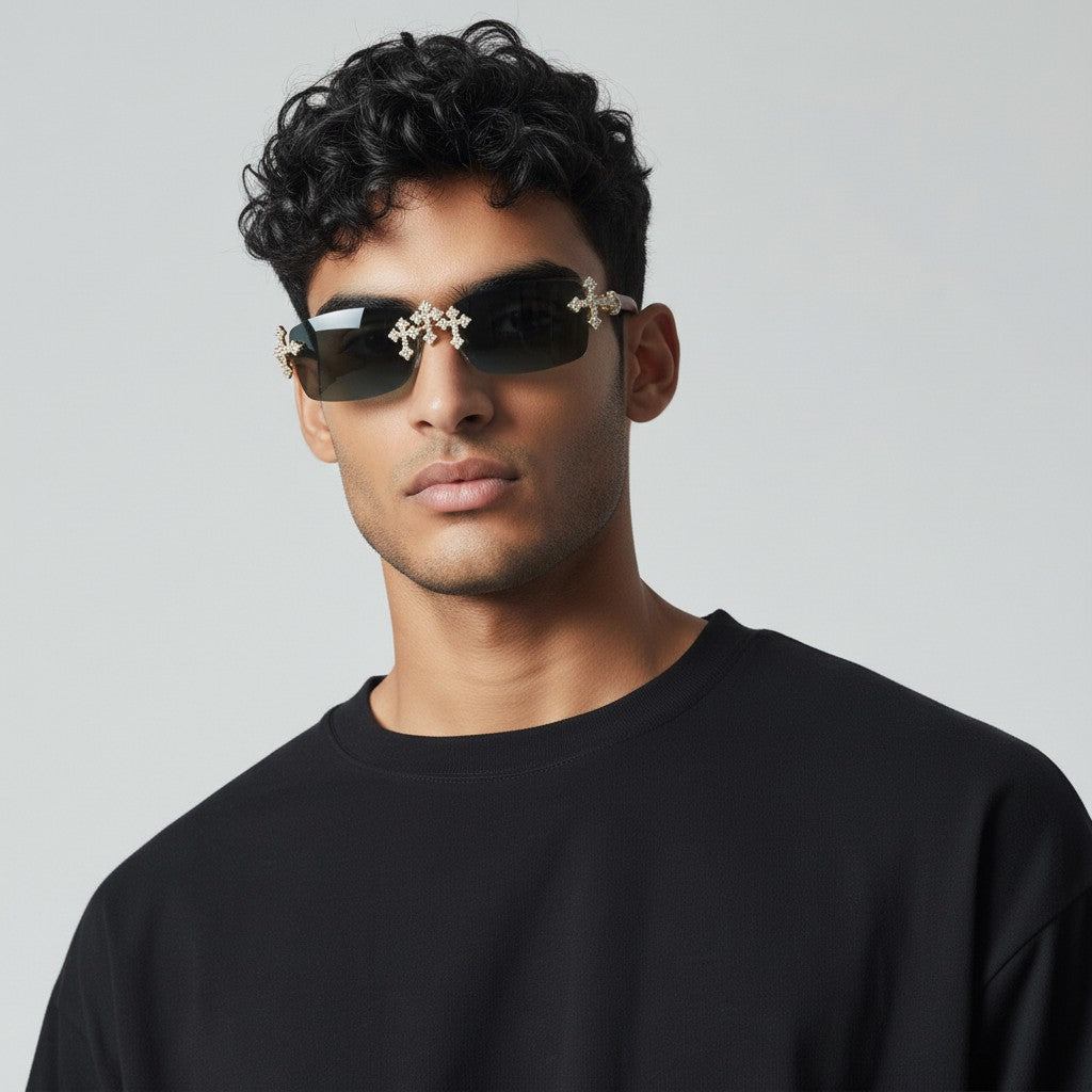 Iced Out Cross Wooden Frames - Black Lens - Dolla Shades