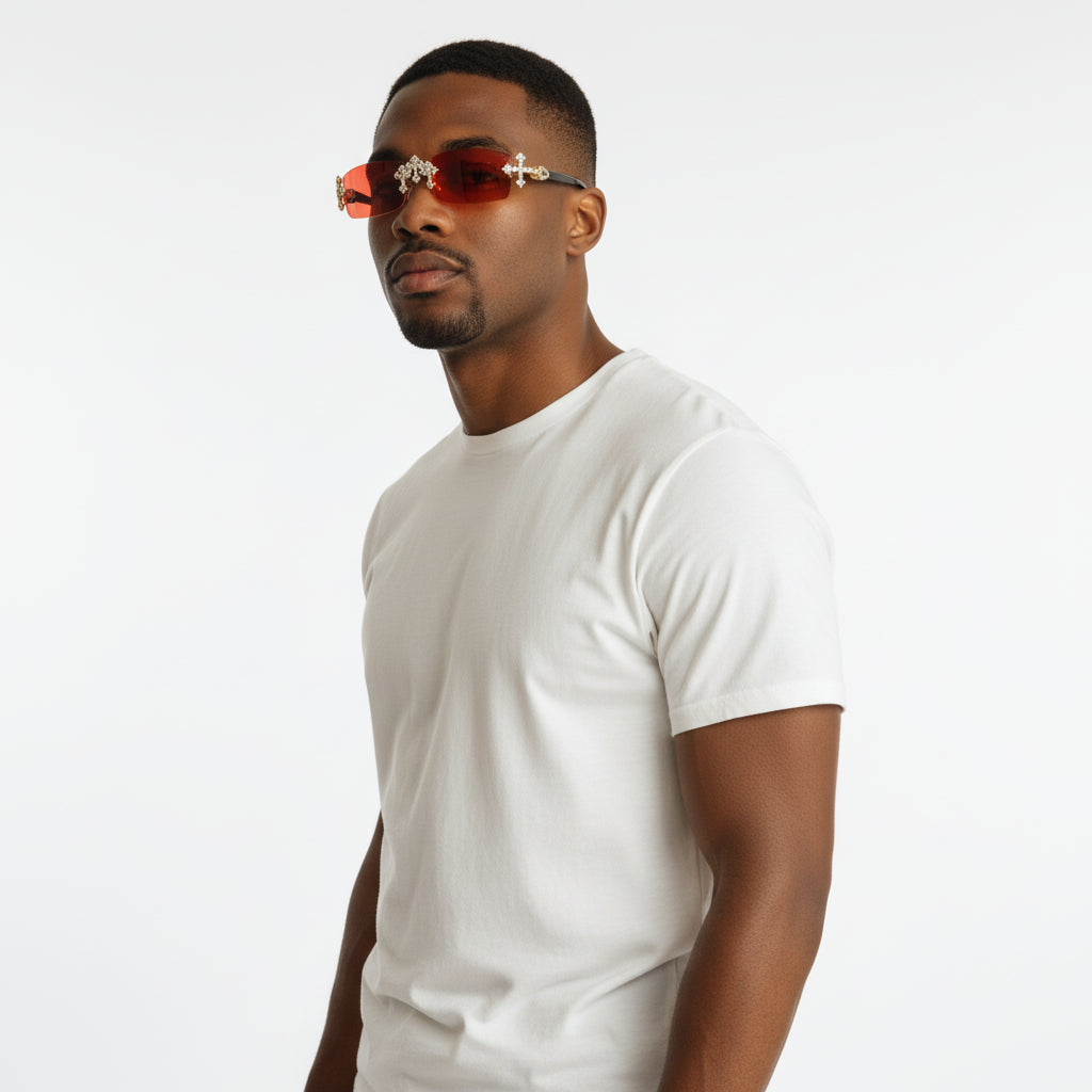 Iced Out Cross Black Buffs - Red Lens - Dolla Shades