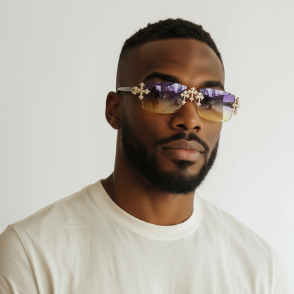 Iced Out Cross White Buffs - Purple Diamond Cut Lens - Dolla Shades