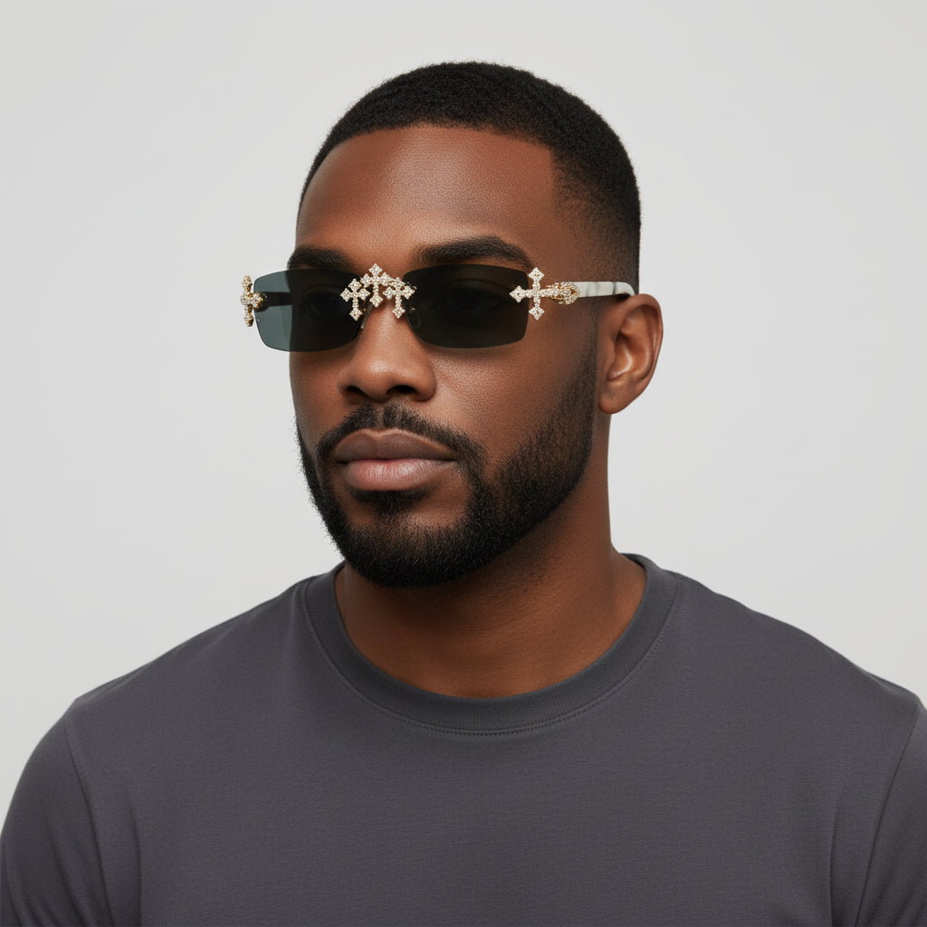 Iced Out Cross White Buffs - Black Lens - Dolla Shades