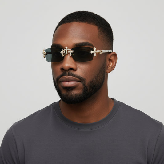 Iced Out Cross White Buffs - Black Lens - Dolla Shades